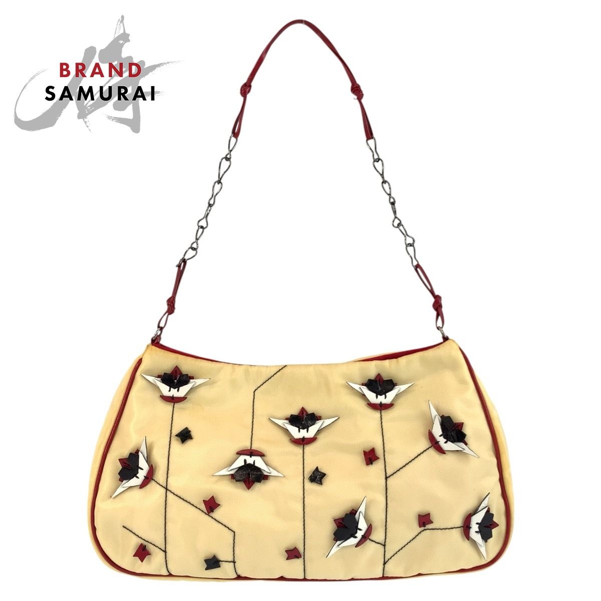 PRADA プラダ 三角ロゴプレート ベージュ レッド シルバー金具 