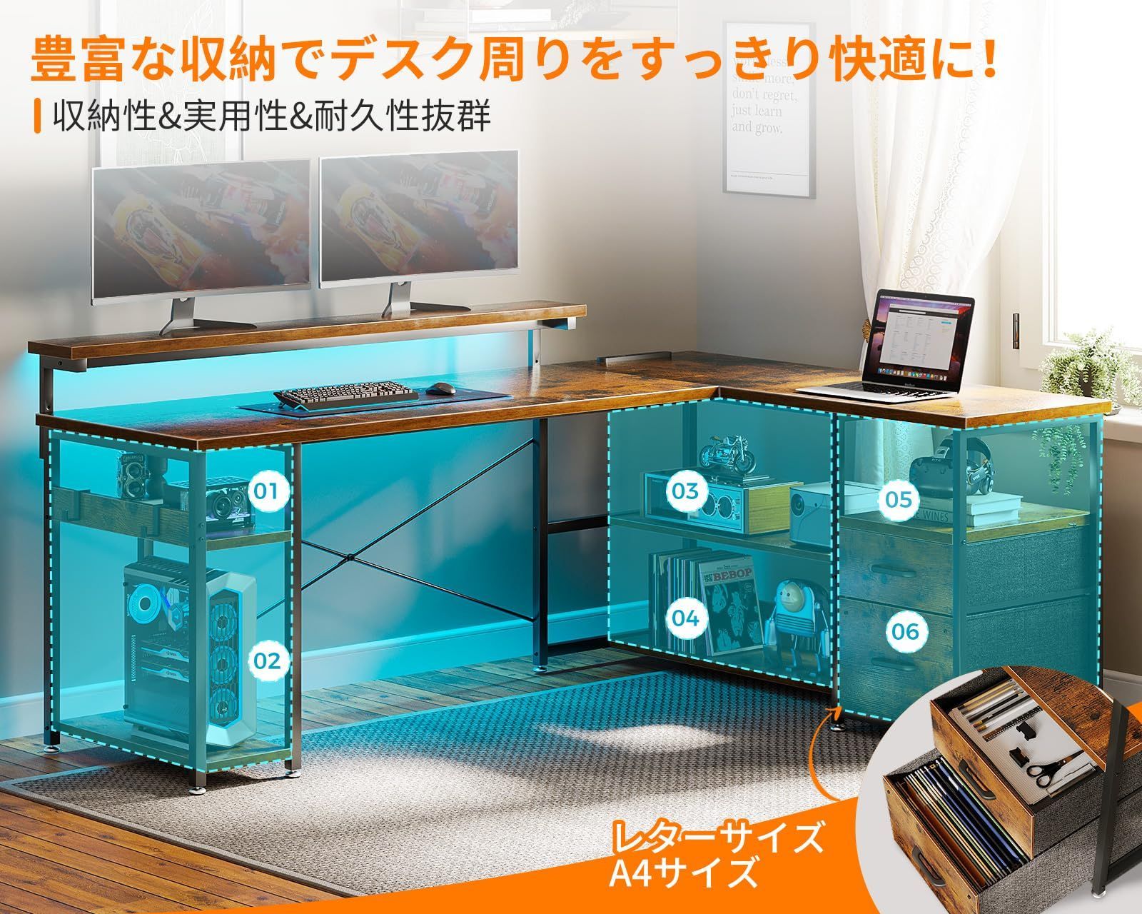 在庫セール エル字デスク 収納 オフィスデスク コーナーデスク pcデスク 棚付き 仕事用 幅135cm 机 在宅勤務 デスク l字デスク コンセント付き 組立簡単 ゲーミングデスク 引き出し付き ビンテージ パソコンデスク ODK