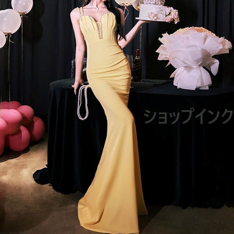 ドレス カクテルドレス ロングドレス パーティードレス キャミソールドレス 黄色 発表会 演奏会 ステージドレス イブニングドレス 大人 レトロ ビスチェ 結婚式 二次会 クラシック 1232