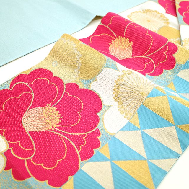 袋帯 京都 西陣 紬地 黒グレー 花菱 桜 斜め格子 上質 新古品 kp1310 