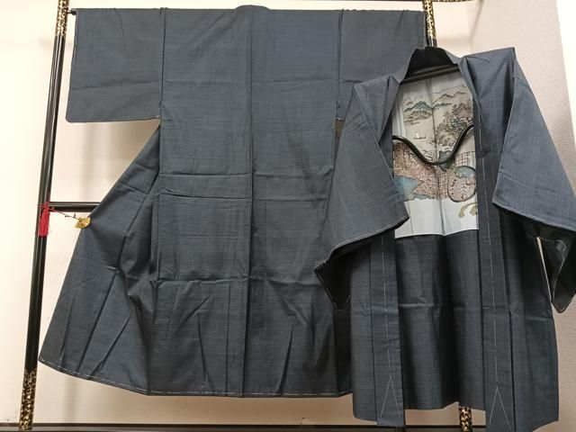 平和屋着物○男性 紬 アンサンブル 青鈍色 キングサイズ 正絹 逸品 未