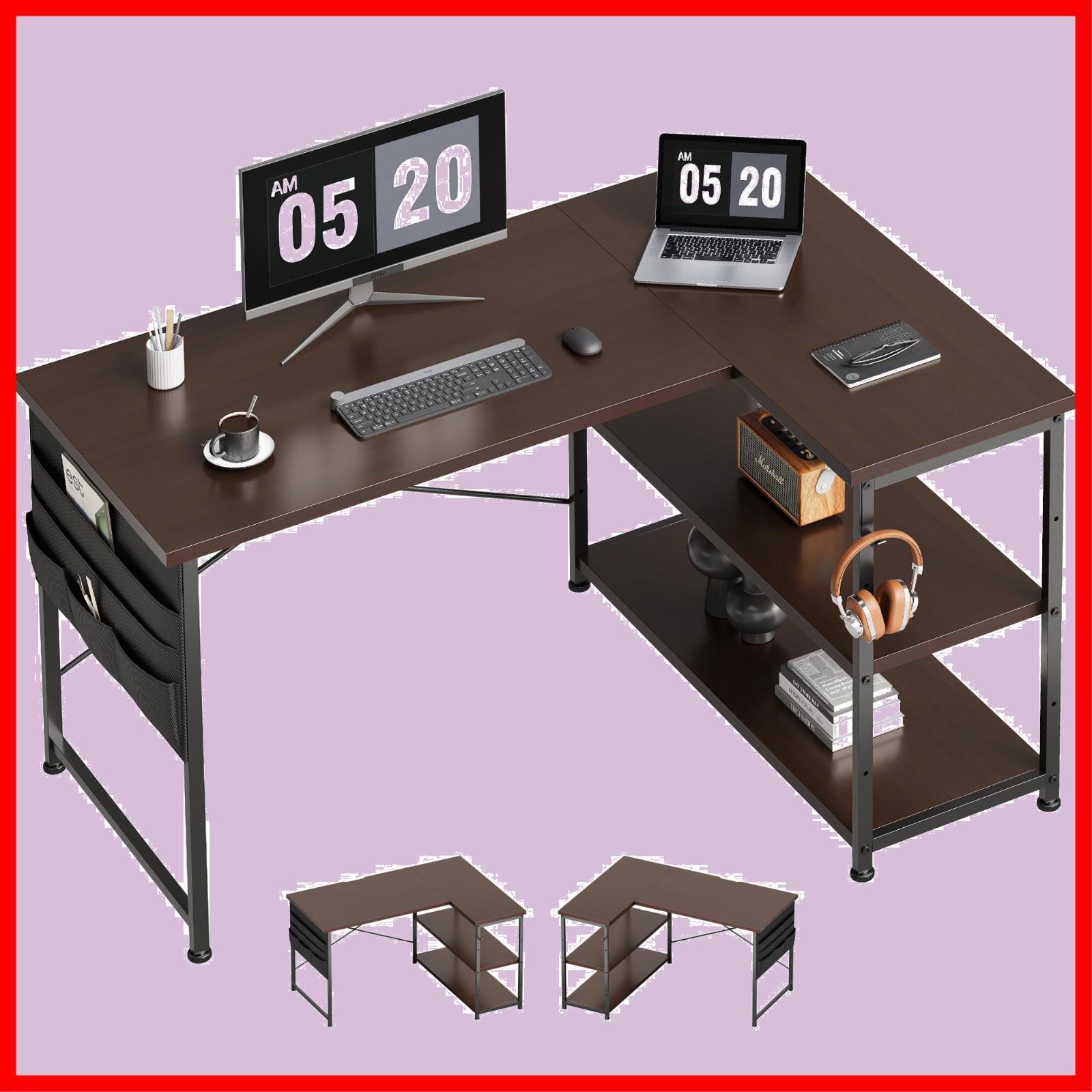 【在庫処分】子 作業机 勉強机 ワークデスク 幅107cm computer desk pcデスク右棚左棚 ban 机 hc 学習机 l字デスク 収納袋付きパソコンデスク デスク コーナーデスク モニターアーム取付対応 YeTom ダ