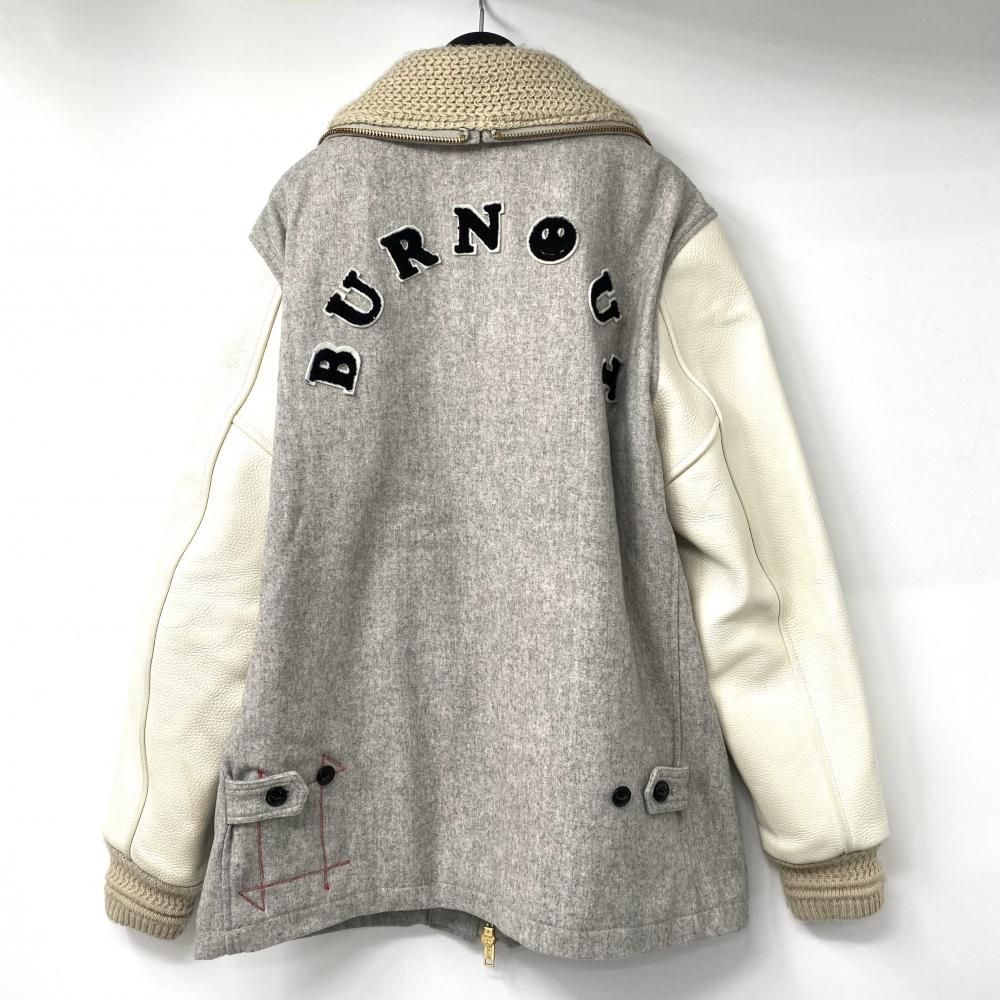 中古】BURNOUT 袖レザースタジャン サイズL グレー ホワイト バーン 