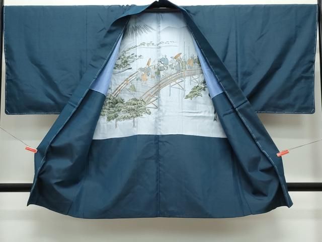 平和屋着物○男性 紬 アンサンブル 色留袖 紺瑠璃色 正絹 逸品 AABA6050cs