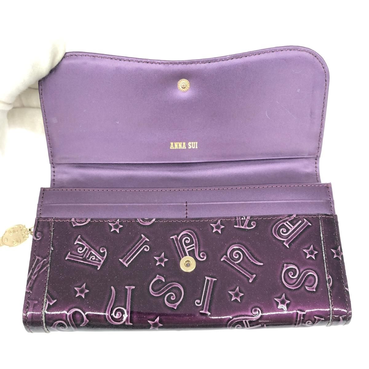 美品 ANNA SUI アナスイ 二つ折り長財布 財布   パープル エナメル レディース ハリー/アルファベットロゴ/口金/スタッズ　240001148294 美品 ANNA SUI アナスイ 二つ折り長財布 財布 パープル エナメル