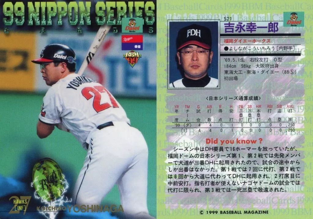 福岡ダイエーホークス　吉永幸一郎サイン入り 吉永幸一郎 1995 BBM ダイエー 金色プリントサイン入り - メルカリ