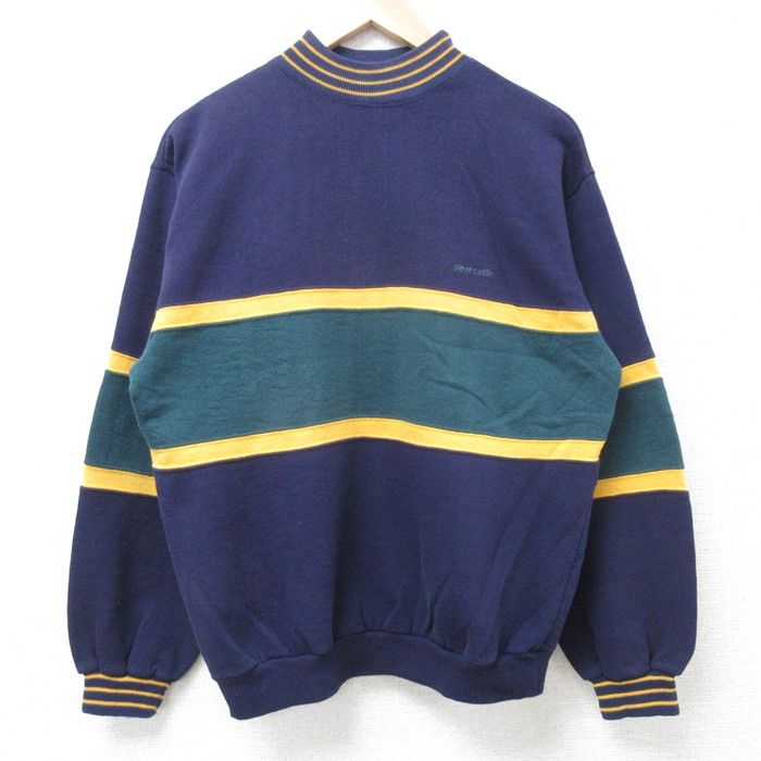 S/古着 ピエールカルダン pierre cardin 長袖 スウェット メンズ 00s ワンポイントロゴ マルチカラー モックネック ハイネック 紺他 ネイビ
