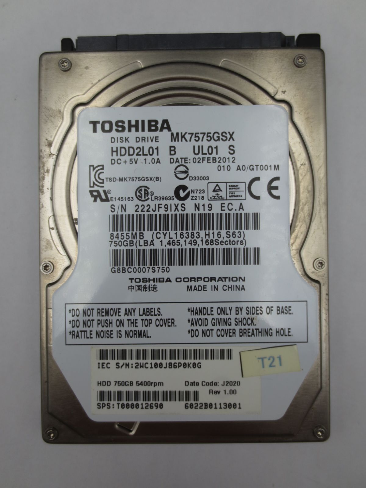 ジャンク】TOSHIBA 2.5インチ 9.5mm HDD SATA(Serial ATA) 750GB