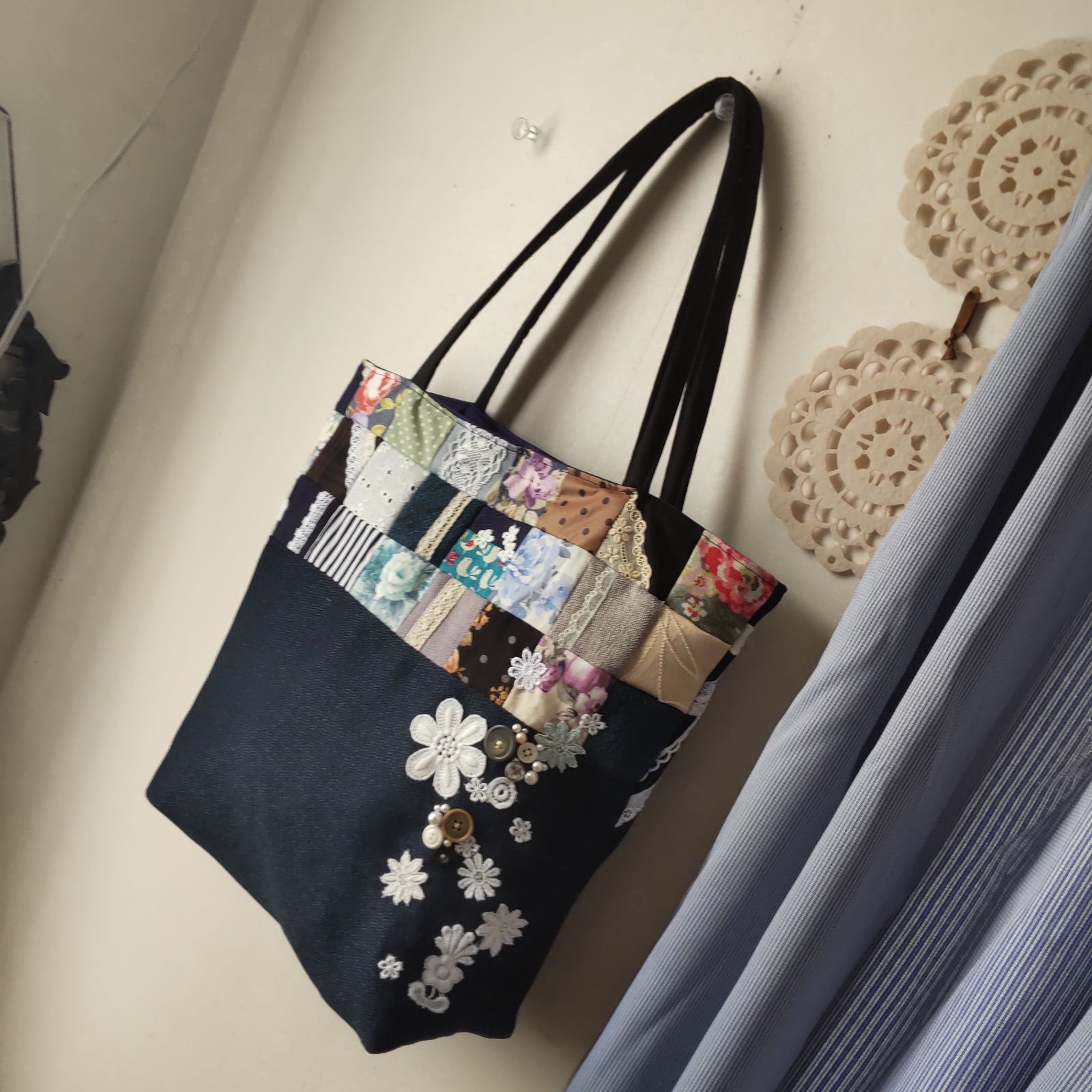 ハンドメイド✳✳パッチワーク トートバッグ サブバッグ ブルー 花柄