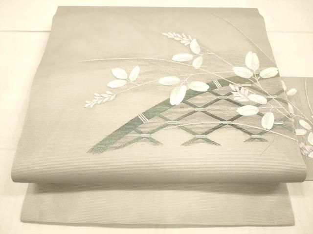 平和屋着物＊夏物 九寸名古屋帯 籬草葉文 銀糸 正絹 DAAX0289cm