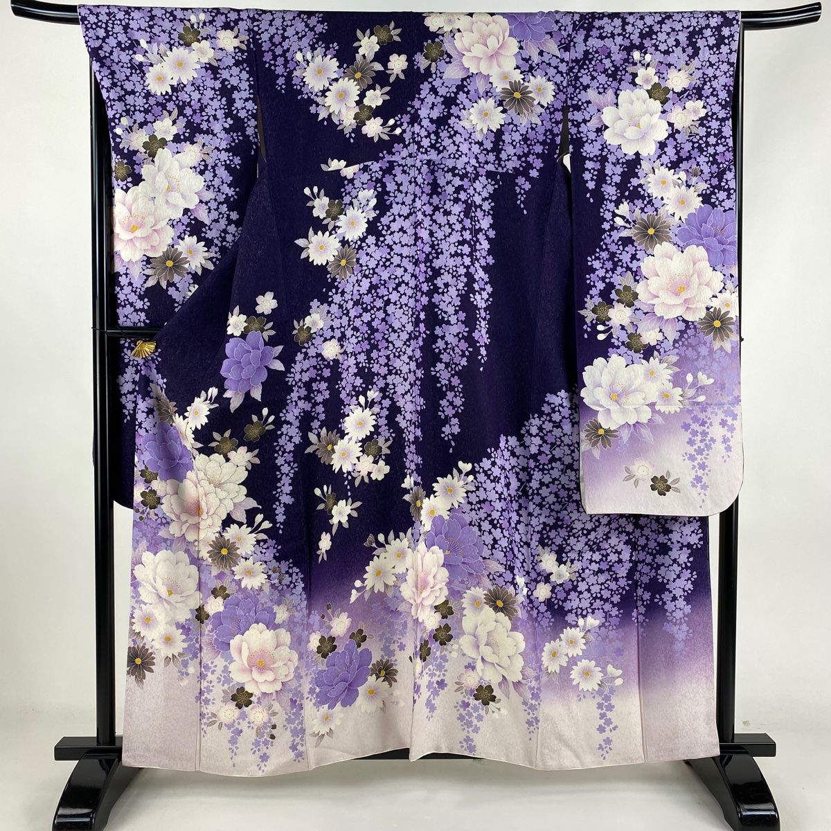 振袖 身丈159.5cm 裄丈66cm M 袷 牡丹 桜 ラメ 銀通し 紫 正絹