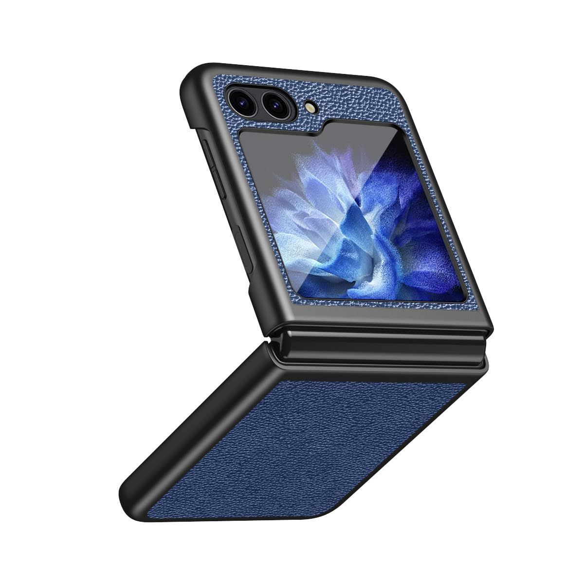 Galaxy Z Flip5携帯360度の完全な保護 ペブルドレザー ケース ヒンジ保護 指紋防止 薄型 超軽量 手帳型 レンズ保護 キャップ 180度折り畳み式 ワンピース ブラケット機能人気 カバー シリカゲル磁