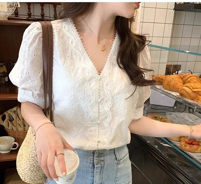 トップス レディース ブラウス シャツ 半袖 スカラップレース パフスリーブ フェミニン 可愛い 春夏秋 Lace Ladies ブラウス シャツ リボン付き ビッグカラー
