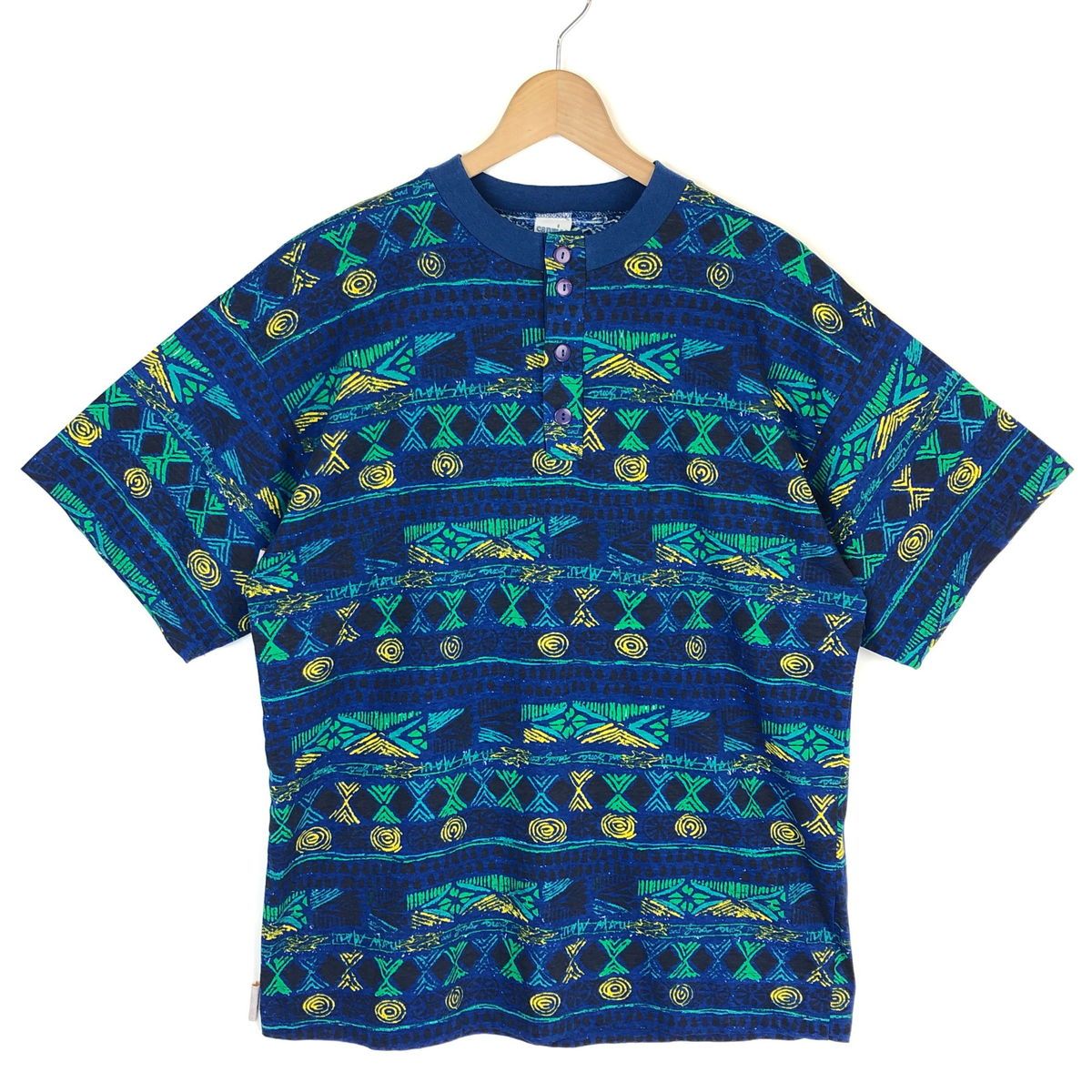 【古着】 caprice 総Tシャツ ヘンリーネック エスニック ボーダー サーフ系 90年代 ブルー系 メンズL 【中古】 n030658