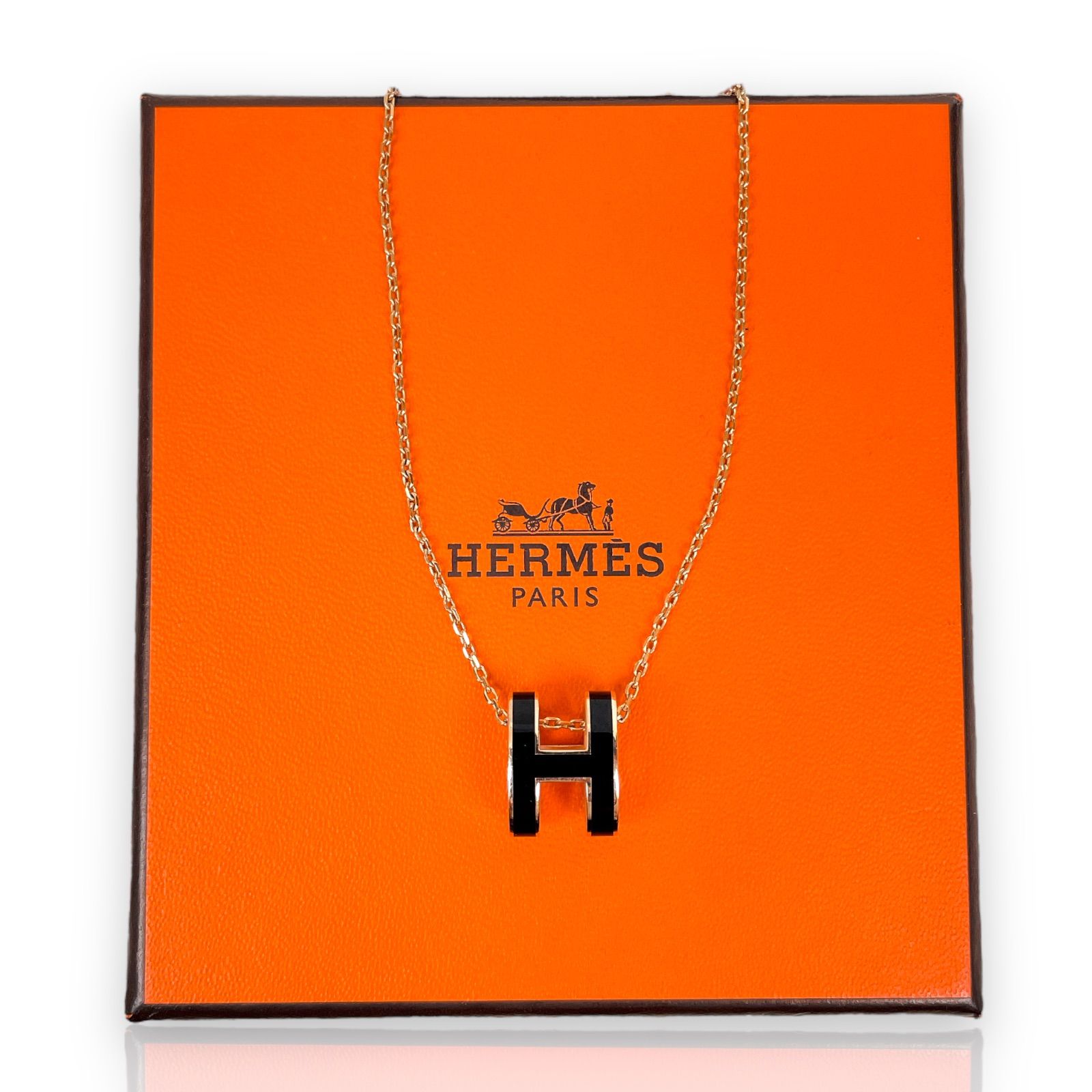 美品 HERMES エルメス ポップアッシュ Hモチーフ Hマーク ネックレス トップ 高級 人気 定番 ブラック BLACK 金チェーン