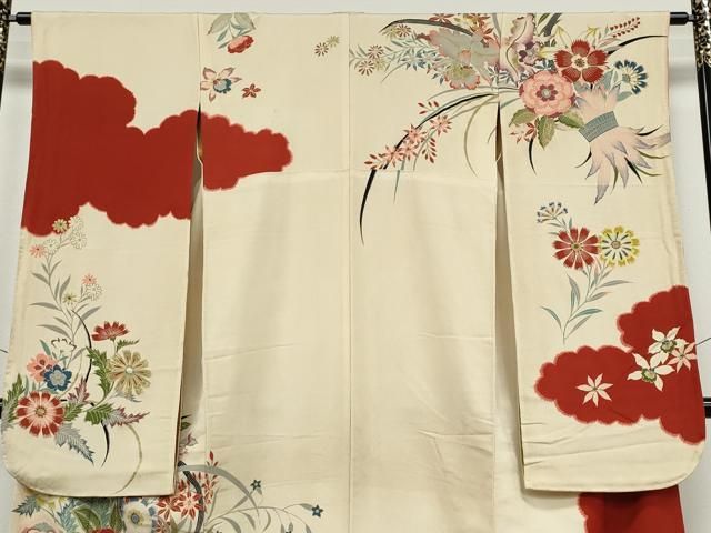 平和屋着物●アンティーク　大正ロマン　小紋　刺繍　吉祥草花文　暈し染め　正絹　逸品　CAAX4438ut 平和屋着物○アンティーク 大正ロマン 小紋 刺繍 吉祥草花文 暈し染め 正絹