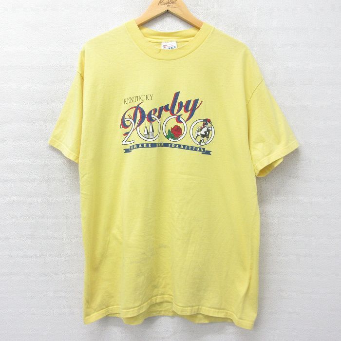 XL/古着 ヘインズ 半袖 ビンテージ Tシャツ メンズ 00s Derby 馬 大きいサイズ コットン クルーネック 黄 イエロー 24jul15 中古