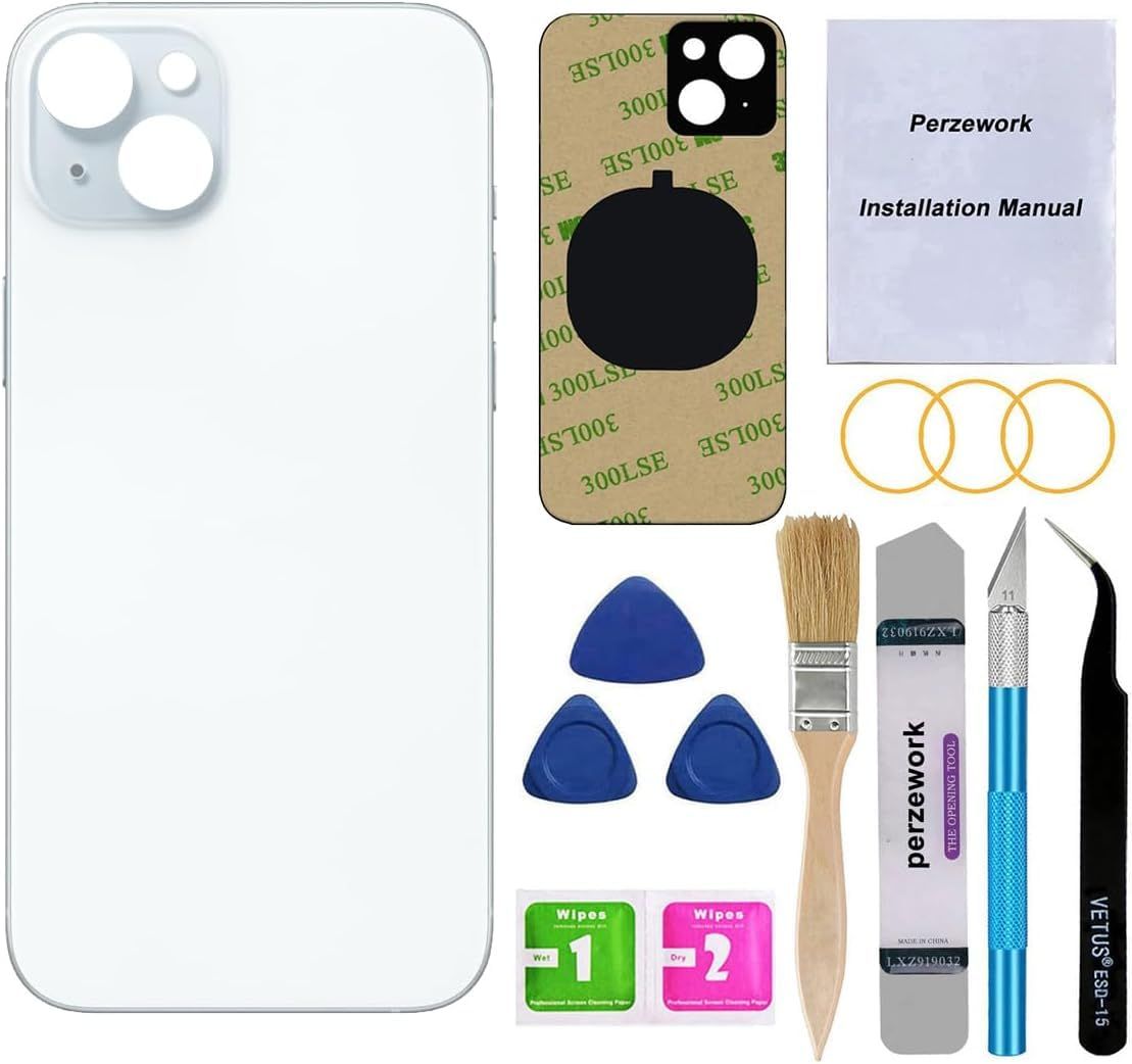 Perzework iPhone 15 6.1インチ用OEMリアバックガラス交換品、修理ツールキットとプリインストールされた接着剤付き（ブルー）