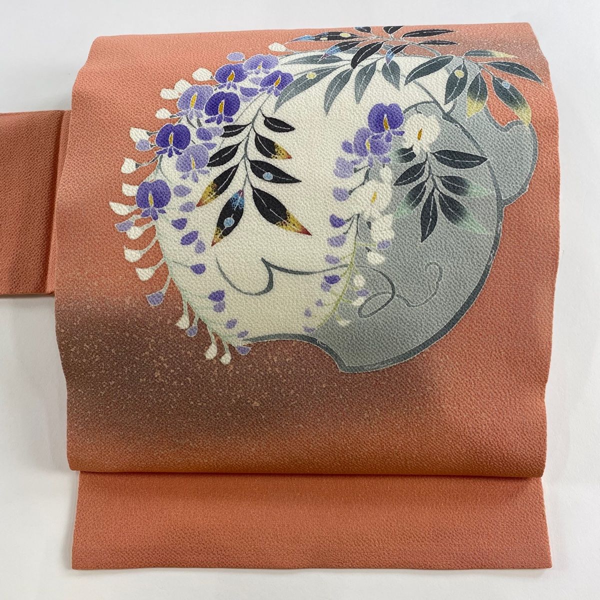 名古屋帯 秀品 落款 藤 縮緬 サーモンピンク 正絹