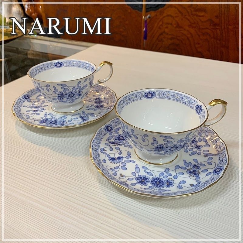 ナルミ ミラノ カップ＆ソーサー 2客 ペアセット 紅茶 ブルー 花柄 金彩 オシャレ NARUMI ボーンチャイナ ティーカップ レトロ RU0820-9
