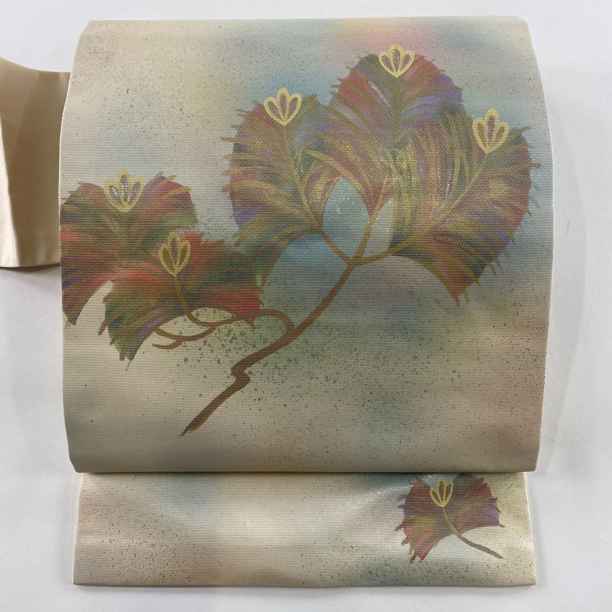 名古屋帯 秀品 若松 螺鈿箔 金銀彩 クリーム 正絹