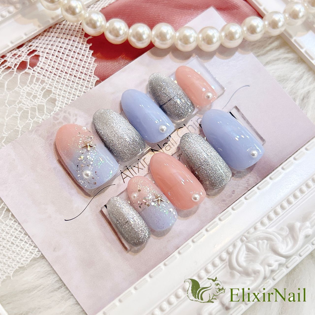 現品】ネイルチップ ピンク 水色 夏ネイル シルバー - メルカリ