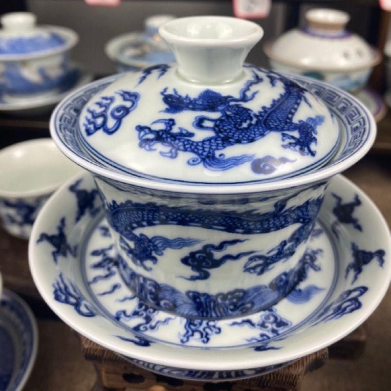 中国茶器 景徳鎮 青花竜紋馬蹄三才蓋碗 茶杯 茶道具 煎茶器 新品