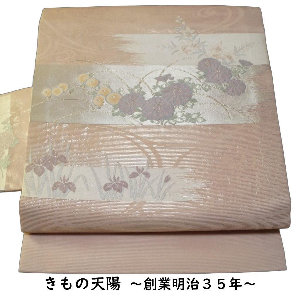 手数料安い 夏物 名古屋帯 お太鼓柄 正絹 銀糸 紋紗 霞に春秋草花模様 紗 着物・浴衣