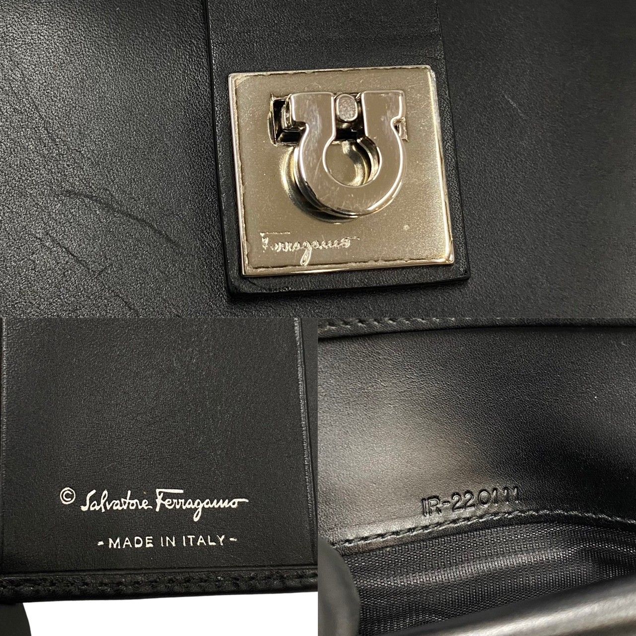 ほぼ未使用 Salvatore Ferragamo サルヴァトーレフェラガモ ガンチーニ 金具 カーフ レザー 本革 二つ折り 財布 折り財布  ブラック 25573