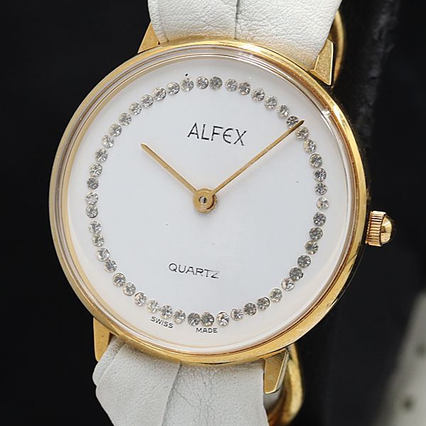 ALFEX QZ ホワイト文字盤 ラウンド 石付 レディース腕時計 KMR