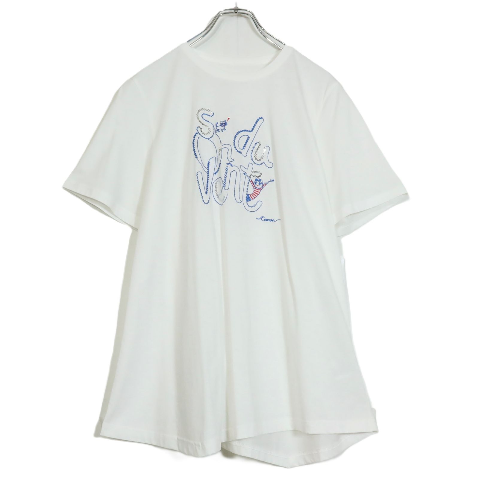 美品　マダムジョコンダ　半袖Tシャツ　スパンコール　刺繍　レース　ホワイト　40 新品定価15,400円！】CANOA☆刺繍Tシャツ スパンコール サイズM