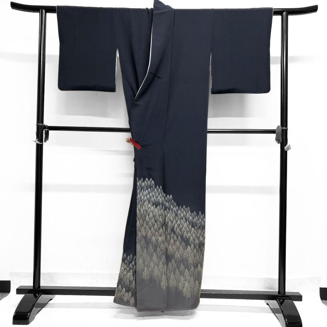 作家もの 堤順三 銀彩 木々模様 色留袖 着物 014a p 作家もの