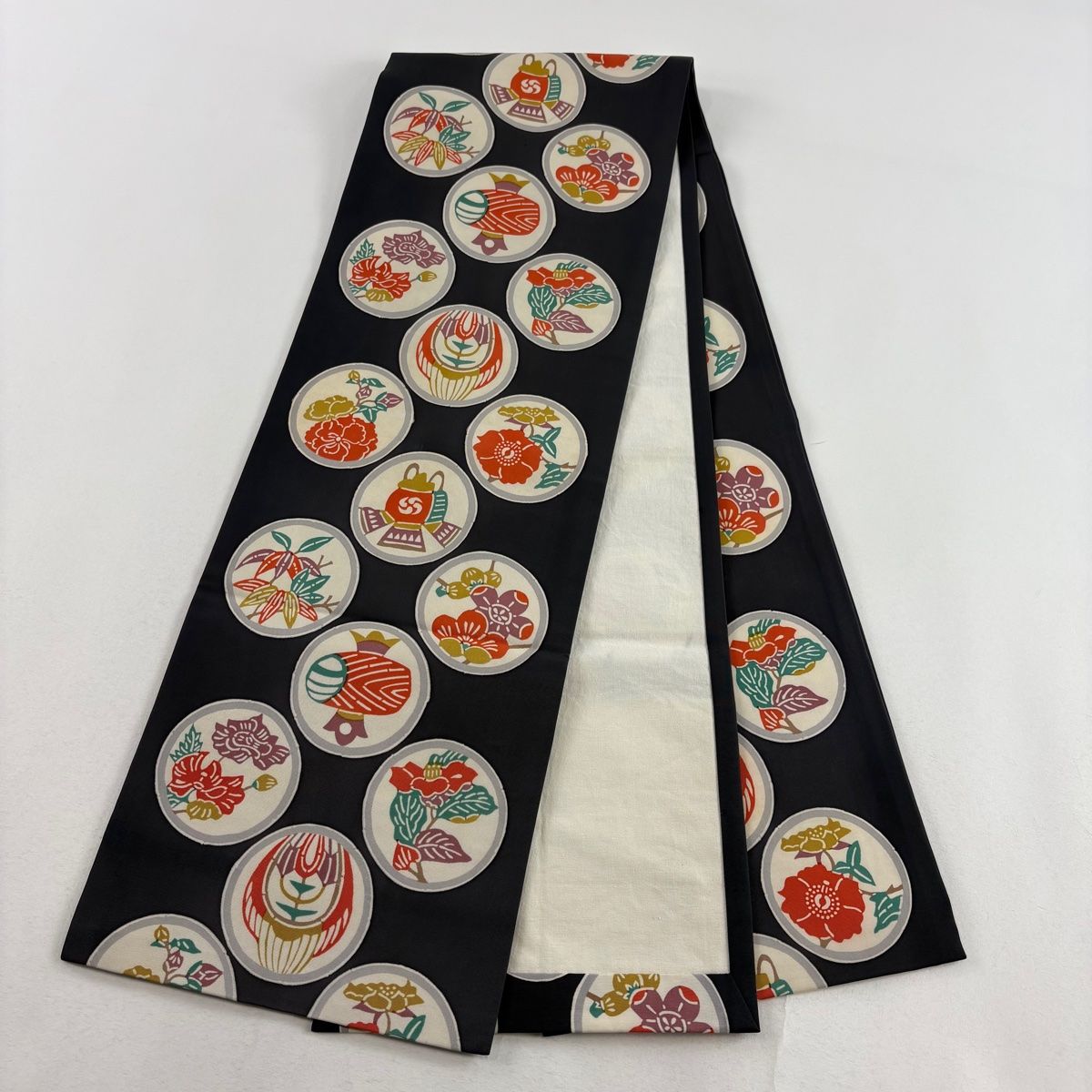 アンティーク 椿 笹 刺繍 名古屋帯 No16 アンティーク 椿 笹 刺繍 名古屋帯 No16