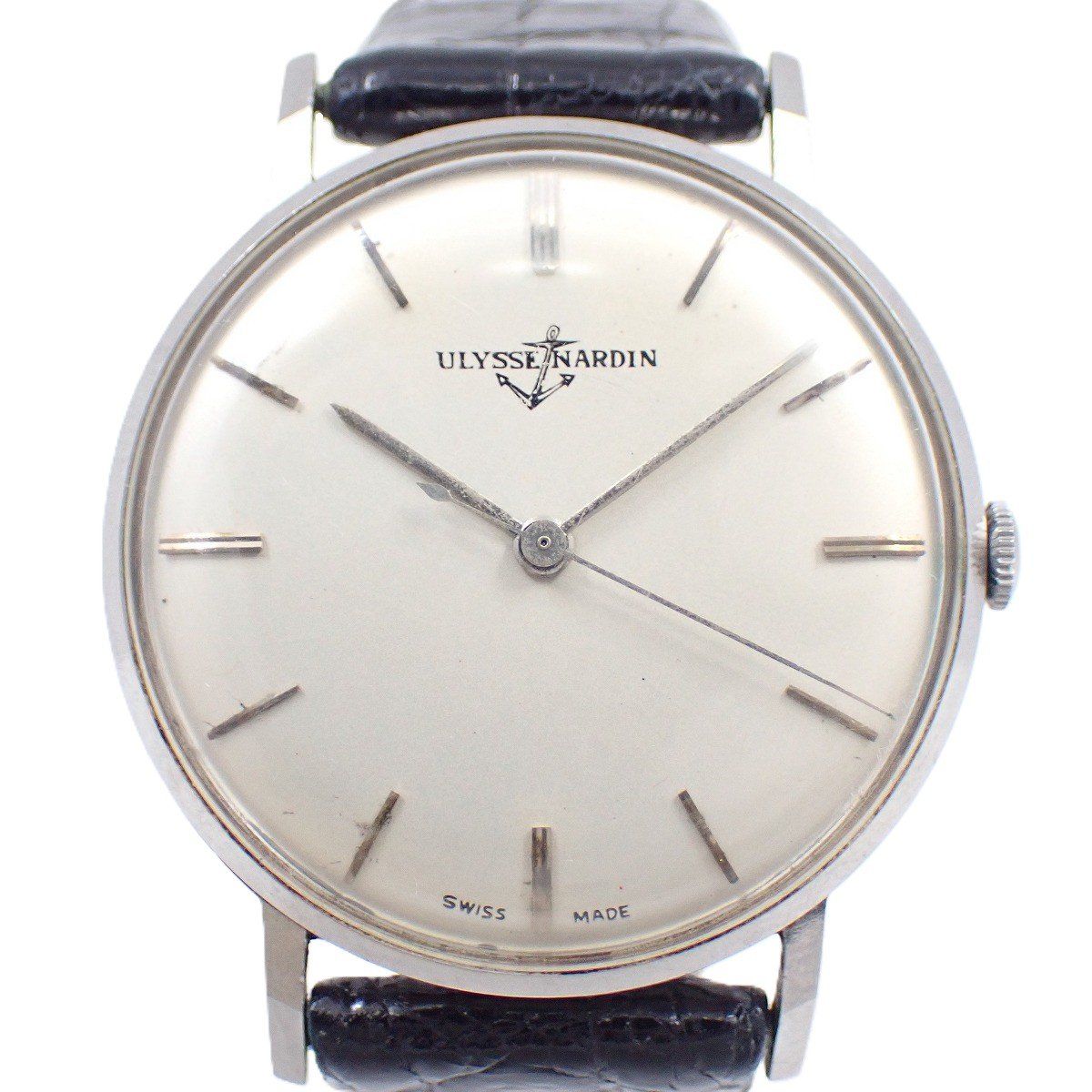 ユリスナルダン ラウンド型 手巻き メンズ 腕時計 シルバー文字盤 社外ベルト いおき質店