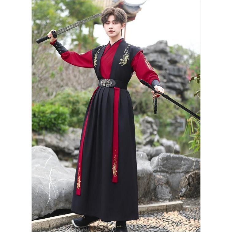 華流コスプレ衣装 メンズ漢服 中国古代服装 明朝 侠客 禁衛軍 剣士 コスチューム 刺しゅう交差襟 ブラウス 巻きスカートセット着脱やすい