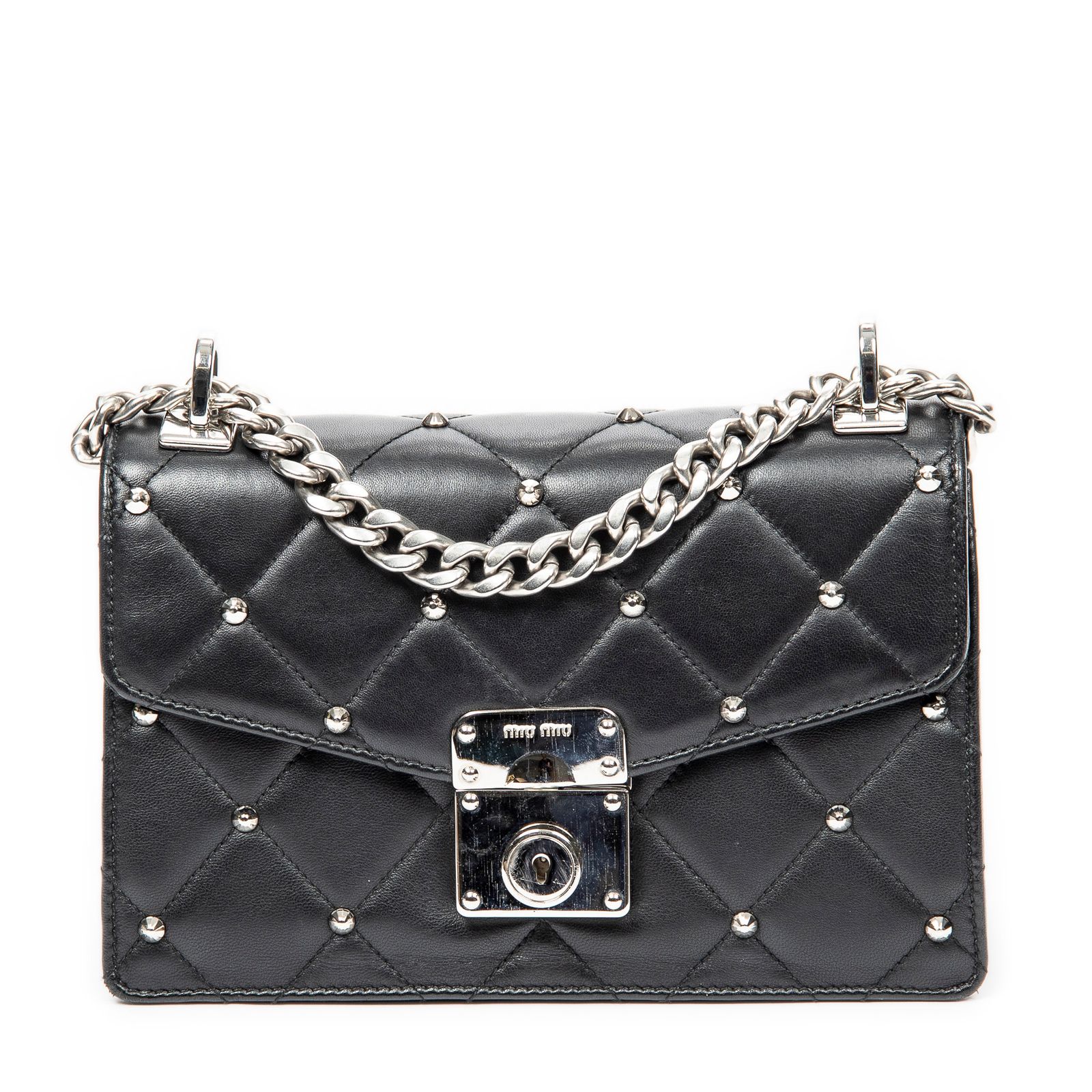 MIU MIU ミュウミュウクリスタルスタッズ ボルキエ フラップ黒クリスタルスタッズレザーA