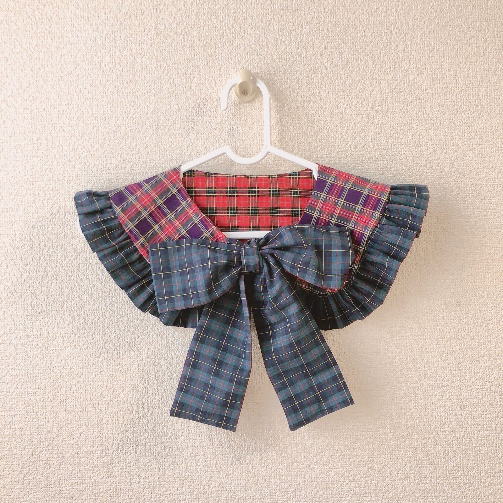 メルカリshops 緑リボンタータンチェックビッグリボン丸襟フリル付け襟