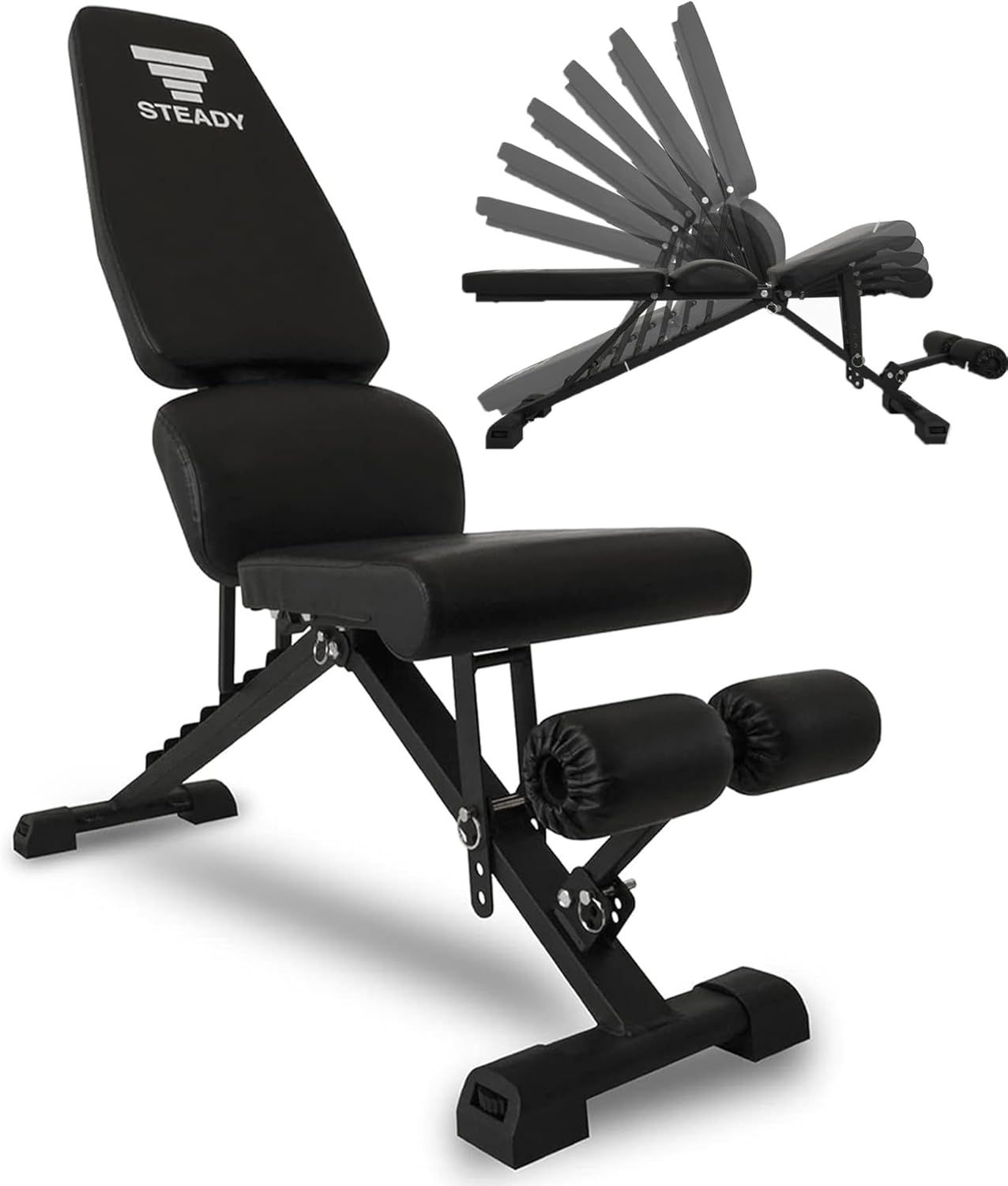 STEADY トレーニングベンチ【耐荷重330kg/背面×座面の角度調整/折畳み可/独自構造の腰保護パッド】ベンチ 腹筋 背筋 インクラインベンチ 筋トレ 足固定 ダンベル ベンチプレス ローマンチェア