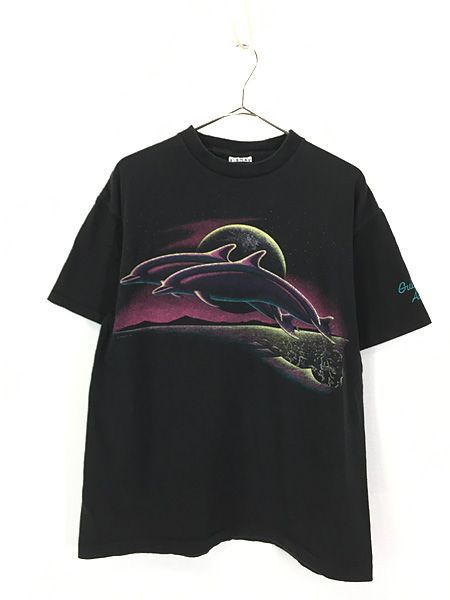 古着 90s USA製 満月 × イルカ グラフィック アート Tシャツ L 古