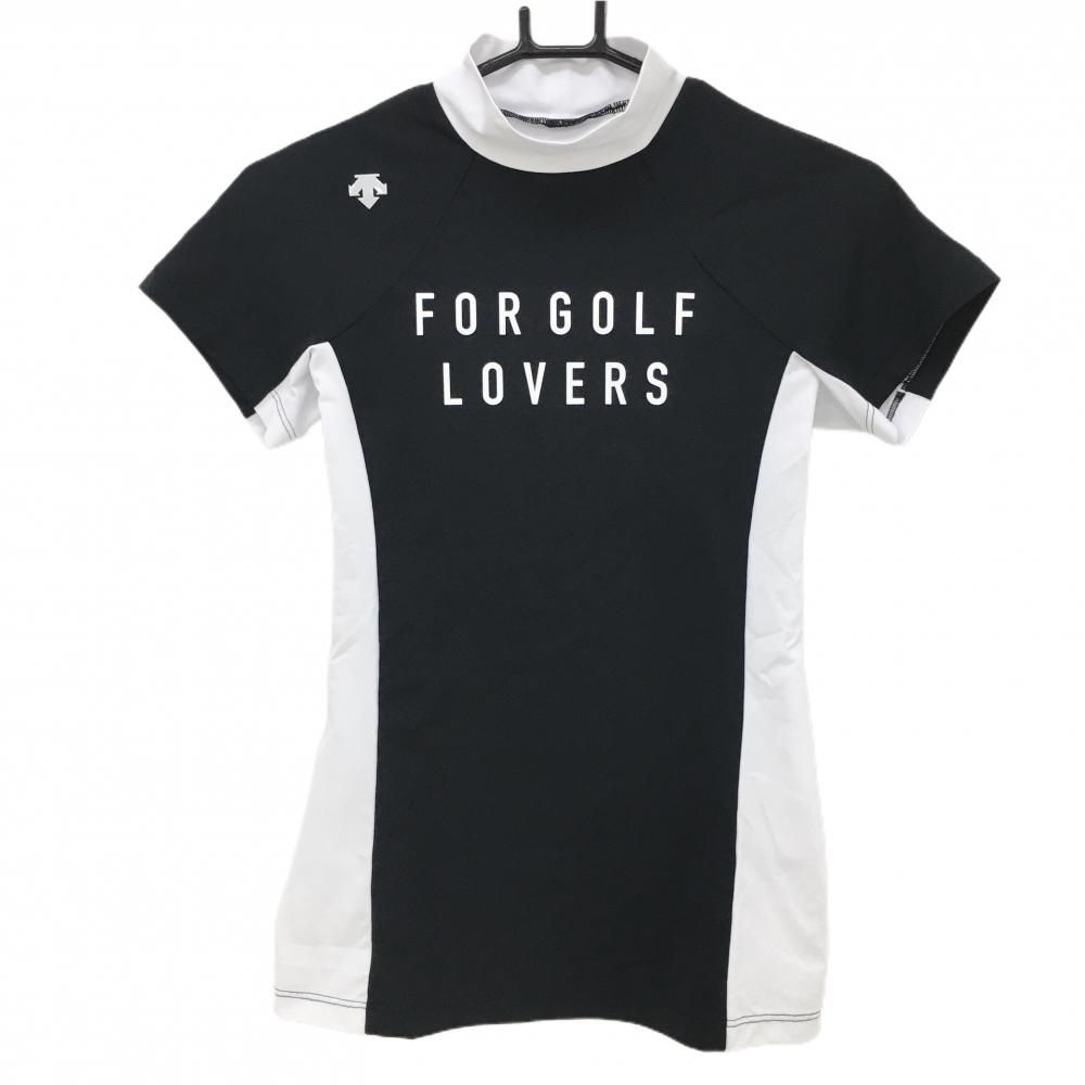 値下げ【美品】デサントゴルフ 半袖ハイネックシャツ 黒×白 フロント英字 レディース M ゴルフウェア 2023年モデル DESCENTE