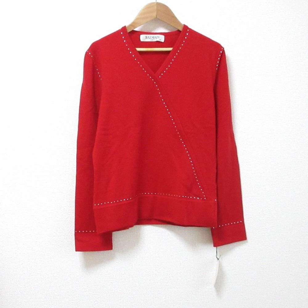 BALMAIN - 未使用 BALMAIN バルマン 日本製 カシミヤ100％ ラインストーン ロングスリーブ カシュクール ニット プルオーバー セーター 38 レッド レディース 古着 中古 USED 未使用 BALMAIN バルマン 日本製 カシミヤ100％ ラインストーン
