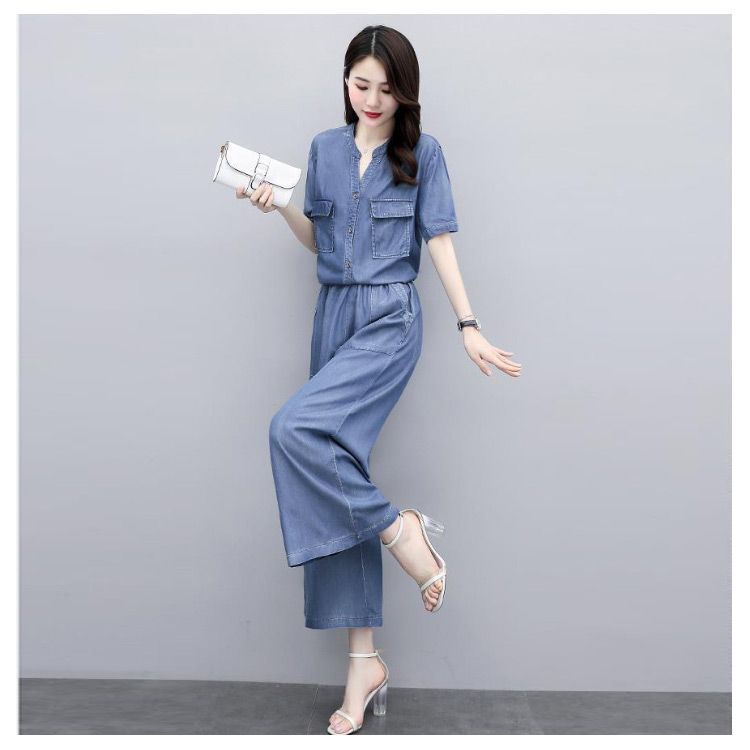 デニム 半袖シャツ パンツ セットアップ カジュアル 2色 M-3XL 送料無料 セットアップ レディース デニム カジュアル 夏 デニム