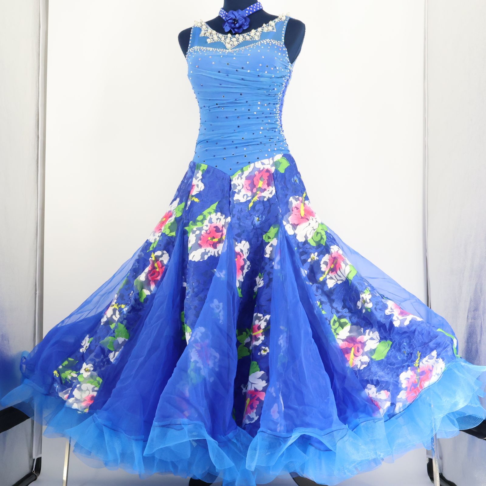 社交ダンス衣装】ブルー ワンピース ドレス 青 花柄 フリル レース