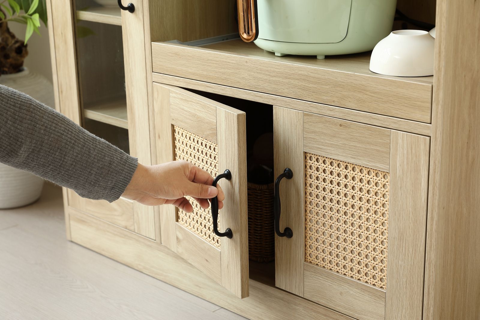 LOWYA 幅90 食器棚 キッチンカウンター キッチンキャビネット ラタン調 LOWYA 食器棚 ロータイプ キッチンカウンター キッチン収納