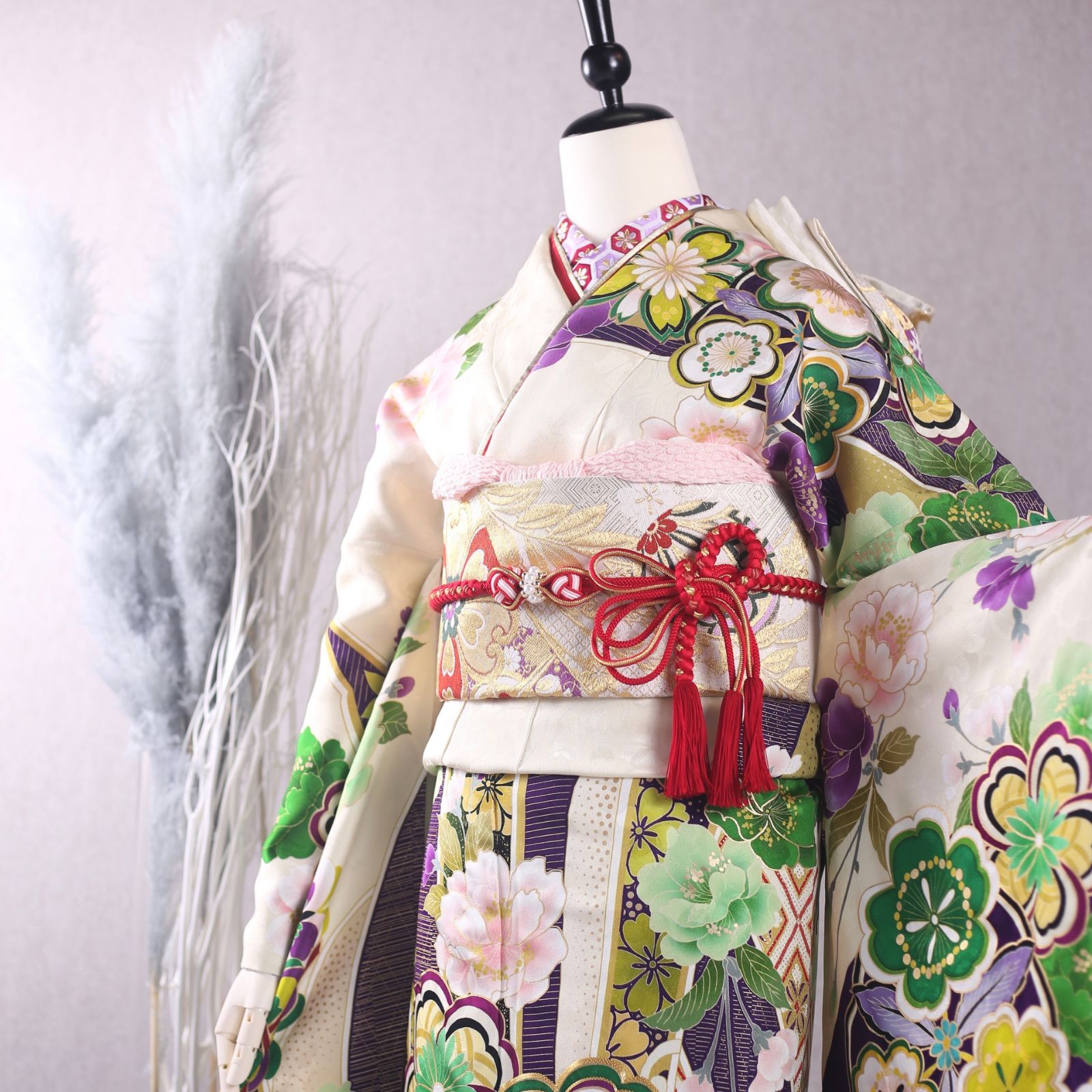 振袖フルセット 振袖セット 振袖 LLサイズ 黒×レトロ 美品 成人