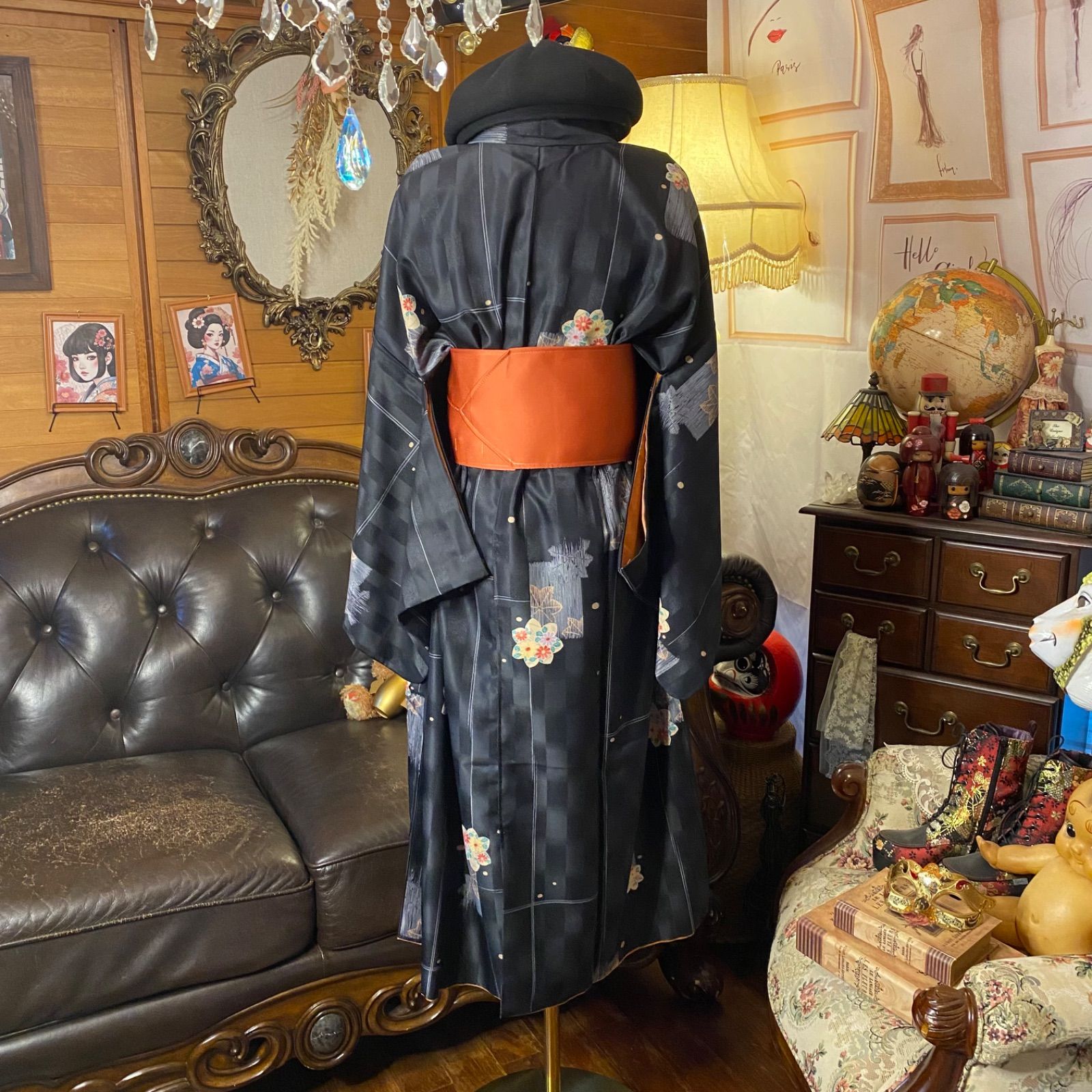 着物リメイク セミロング ワンピース｜洗える化繊素材＆名古屋帯サッシュベルト付き レトロ 古着 ハンドメイド 深い墨黒の地に 愛らしい花文 KW-1075 NEXPOTALLINN_EU