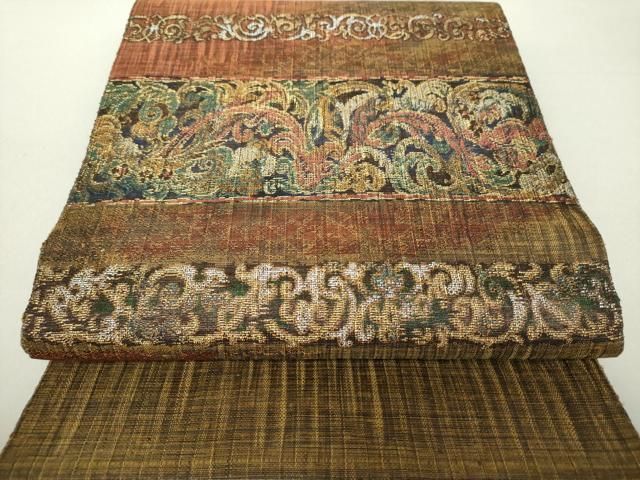 平和屋着物○西陣 老舗 渡文謹製 手織 すくひ 両面 太鼓柄袋帯 紬地  