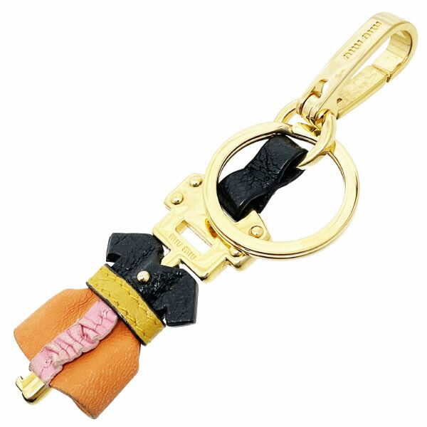 ミュウミュウ キーホルダー キーモチーフ チャーム レザー 革 マルチ ブラック 黒 オレンジ ゴールド金具 5AR149 MIU MIU 女の子モチーフ バッグチャーム キーフック キー 鍵 ブランド小物 き