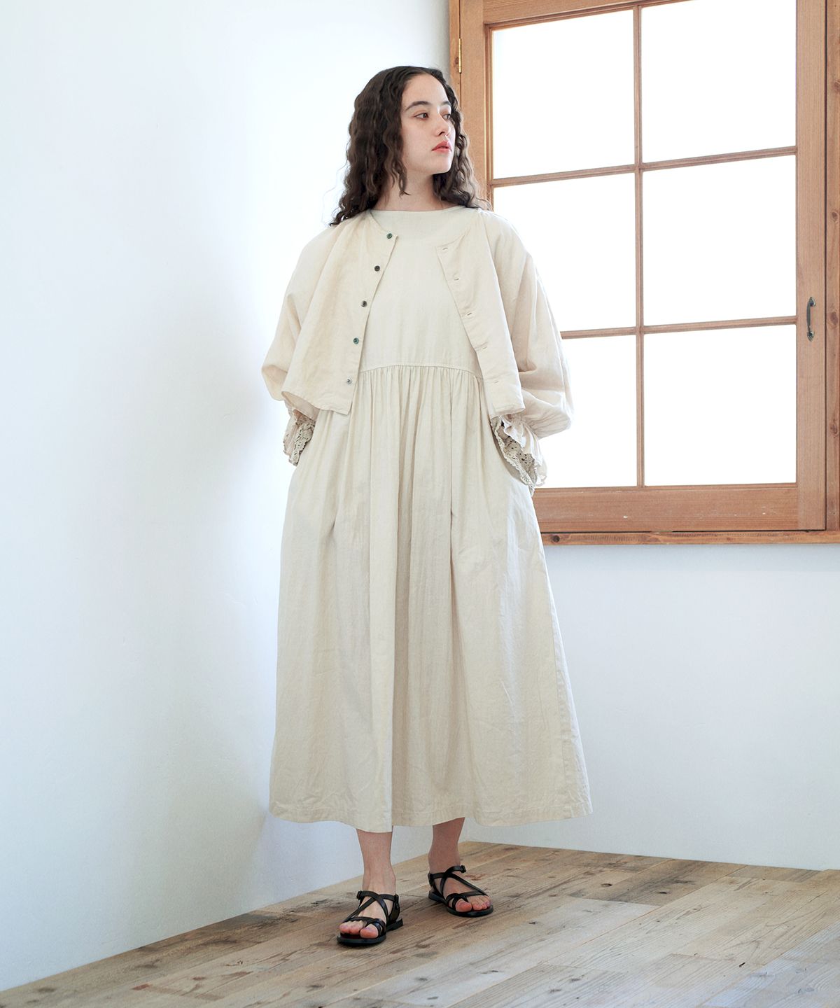 アンティークlinen カシュクールドレス GIRL｜パールベルト付きカシュクール風レース切替ロングフレア