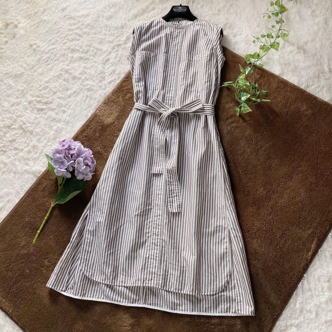 TICCA ウエストりぼん ノースリーブワンピース ストライプ ロング丈 日本製 ティッカ マキシ丈 近年モデル 白 茶 Aライン